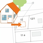 Grafik Gebäudeeinmessung mit Häuschen und Kartenausschnitt