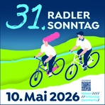 Plakat mit Werbung zum Radlersonntag mit zwei Radfahrern und Text 10. Mai und 31. Radlersonntag