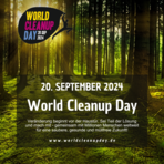 Logo des World Cleanup Day: eine Personen, die einen schwarzen Müllsack trägt