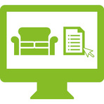 Das Piktogramm Abfall ONLINE Service zeigt einen Bildschirm auf dem ein Sofa und beschriebener Papierbogen abgebildet sind.