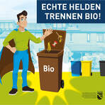 Superheld wirft Bioabfälle in Biotonne.