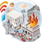 Zeichnung auf der Sirenensignale und Löscheinsatz bei einem Gebäude-Großbrand darstellt sind