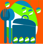 Grafik mit bunten Eiern Topf und Besteck