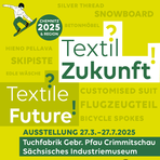 Werbung für die Ausstellung Textil? Zukunft? auf einem gelben Plakat